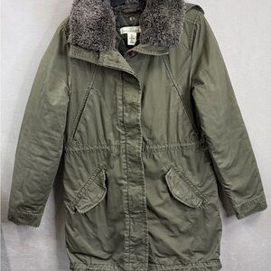 H&M LOGG Olive Green Parka Jacket Faux Fur Hood Military Style Coat